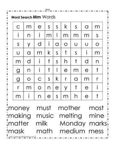 Words Beginning with M Wordsearch Worksheets